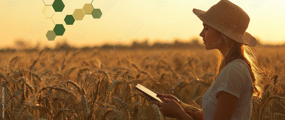 Poster technology digital tablet in hand of farmer on wheat field background. farmers use internet of thing