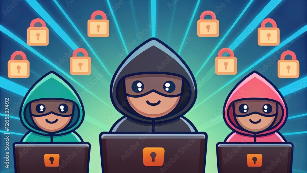 Poster three cartoon hackers working on laptops with lock symbols around them. they appear friendly and app