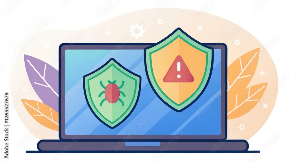 Poster laptop with security shields, one showing a bug and another an alert, symbolizing cybersecurity thre