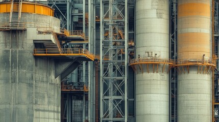 A massive concrete factory with silos and production equipment.