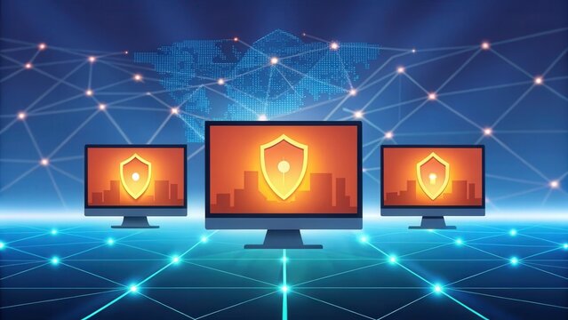 Three computer monitors with a shield symbol in the center of the screen, representing cybersecurity and data protection.