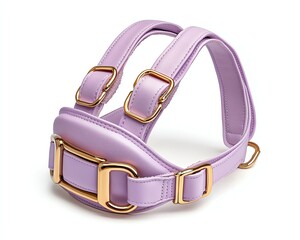 Sustainable Pet Fashion is visualized as a Stylish lavender pet harness featuring elegant gold accents, Sustainable Clothing Fashion for Petfluencer