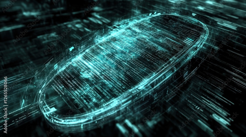 Poster an artistic representation of a smartphone encased in a translucent shield made of digital code with