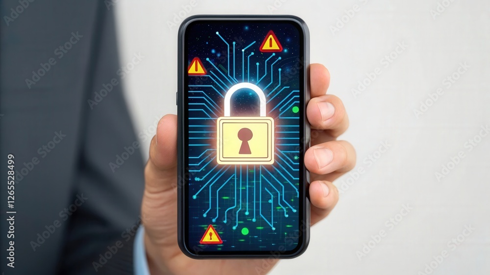 Poster person holding smartphone displaying a padlock and warning signs, symbolizing mobile security and da