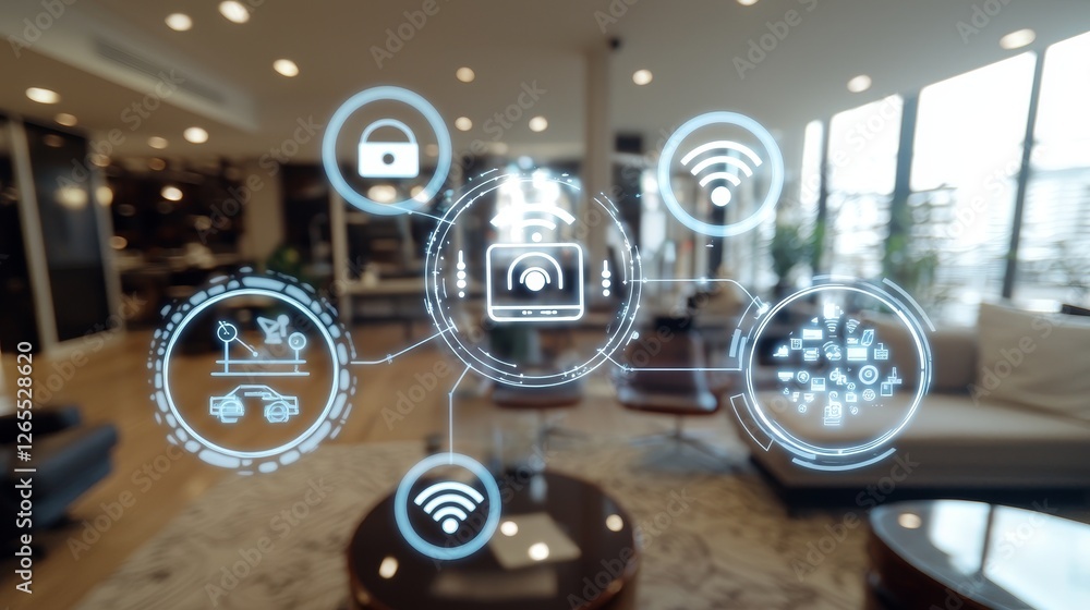Poster Internet of Things concept with image of smart home. The smart home has a variety of connected devices and appliances that are all connected to the Internet