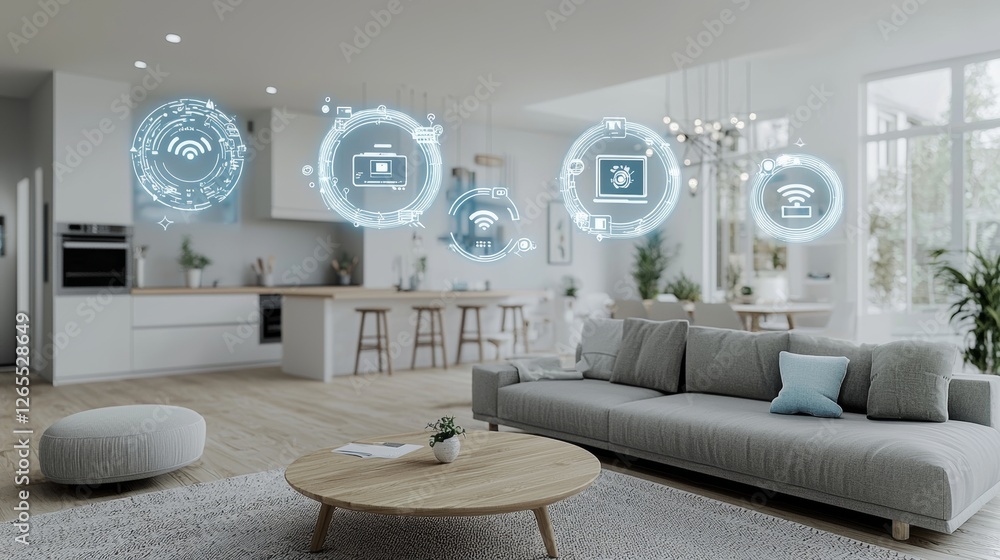 Poster Concept of the Internet of Things depicted as a smart home with various connected devices and appliances