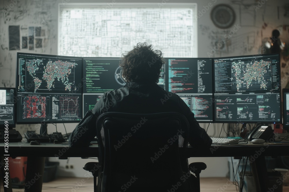 Aufkleber The software developer, man, or programmer works on a computer screen with the cybersecurity hologram, analytics, and search engine optimization or even at night. There are also hackers who work on