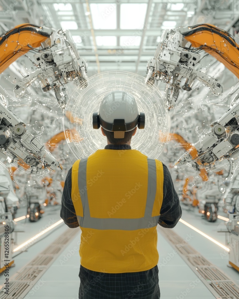 Poster A worker uses a virtual reality system mixed with stock technology to complete a task.