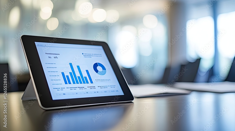 Aufkleber a modern office desk with a digital tablet displaying business analytics, with empty copy space.