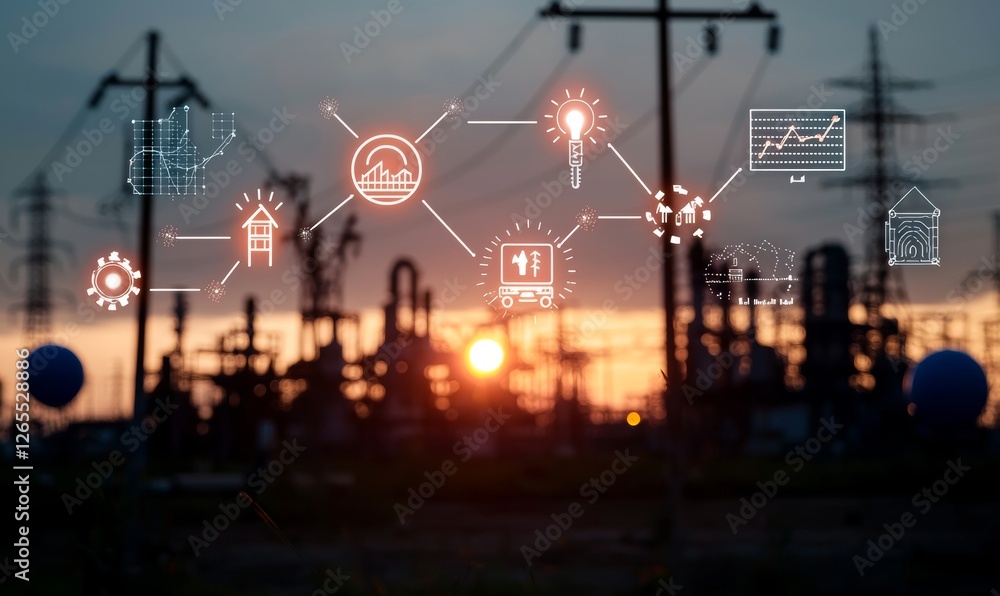 Poster A three-dimensional scene with smart devices used in production, control, or automation, that shows industrial Internet-of-things data for manufacturing 3D illustrations. 5G network infrastructure in