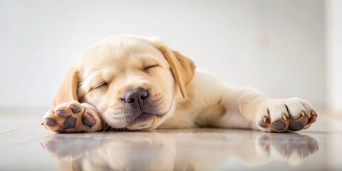 Adorable Blonde Labrador Puppy Sleeping Peacefully on Back, Paws Up - Minimalist Photo