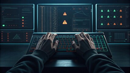 Hacker typing on keyboard in dark room with multiple monitors displaying system warnings