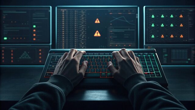Hacker typing on keyboard in dark room with multiple monitors displaying system warnings - Powered by Adobe