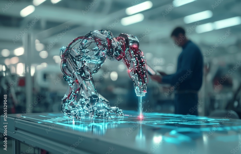 Poster Digital future manufacturing concept, industrial engineer working with robot arms on a real-time monitoring system.