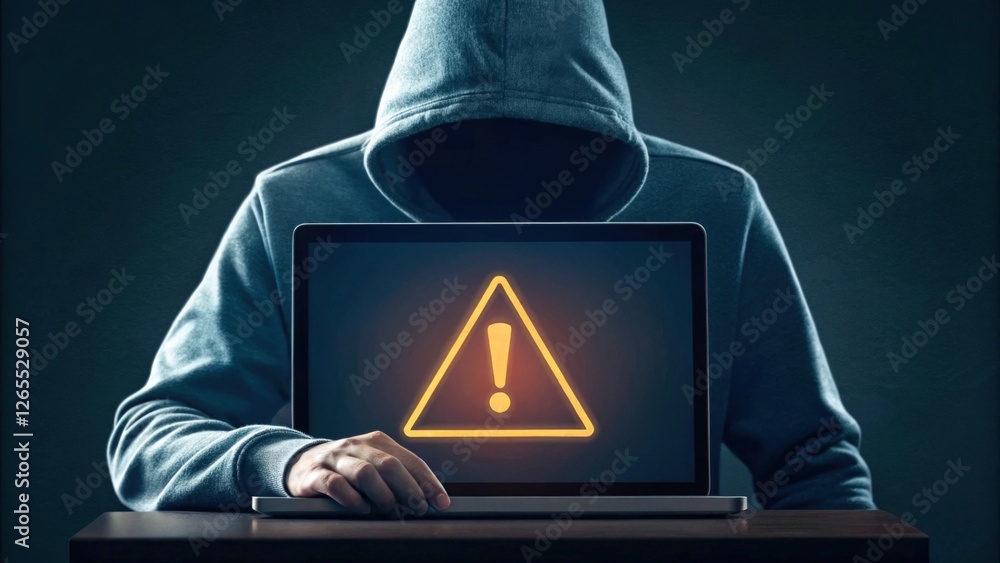Aufkleber anonymous hacker working on laptop with warning sign