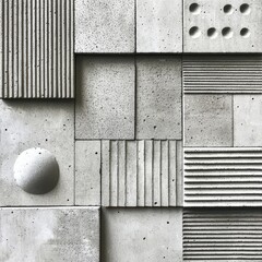 Various concrete blocks arranged with different textures and patterns