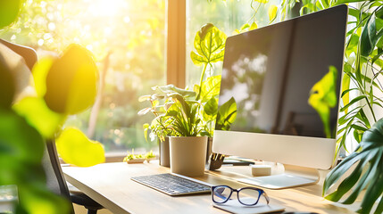Ergonomic home office setup with posture correcting chair stylish desk lush green plants and natural sunlight creating a productive workspace for remote work focus and modern minimalistic design