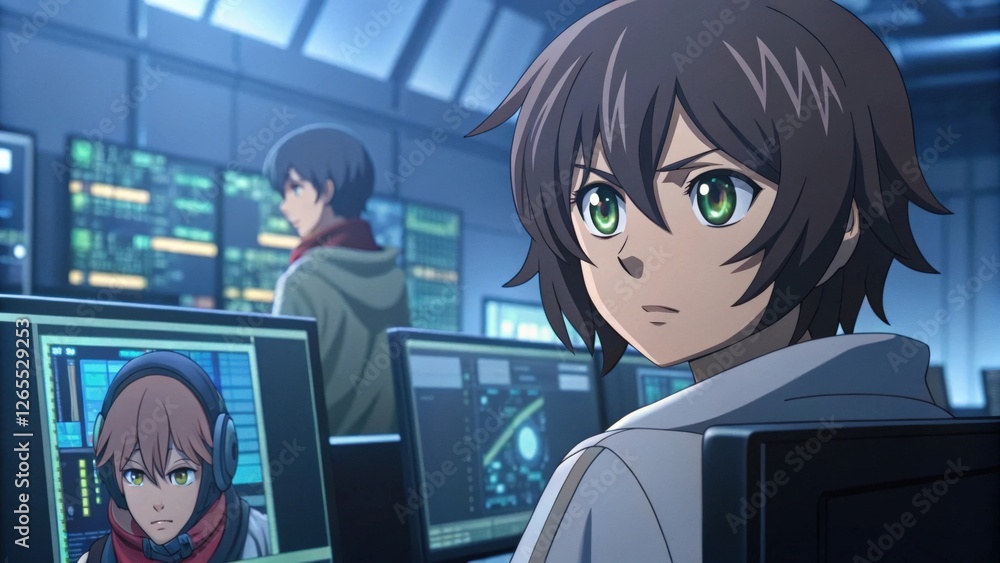 Aufkleber young programmer intensely focused on his computer screen in a high-tech control room. his colleague