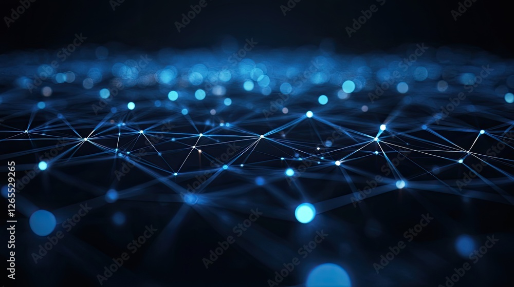 Poster a neural network concept with connected glowing points and deep dark blue tones.