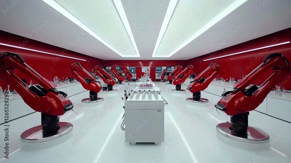 Poster high-tech laboratory featuring robotic arms for automated experiments in a modern research facility