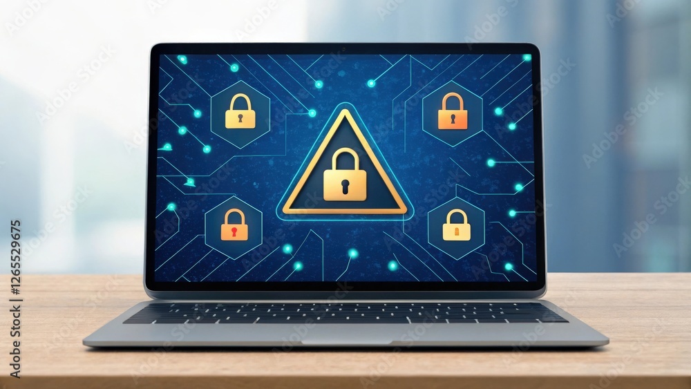 Poster a laptop displaying a digital security alert with a warning triangle and a padlock symbol, surrounde