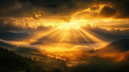 Naklejka premium A peaceful sunrise over a valley with divine golden rays breaking through.