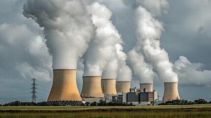 A power plant with massive cooling towers and industrial smoke rising.