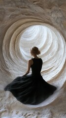 Fototapeta premium Woman in black dress sits within spiraling white tunnel