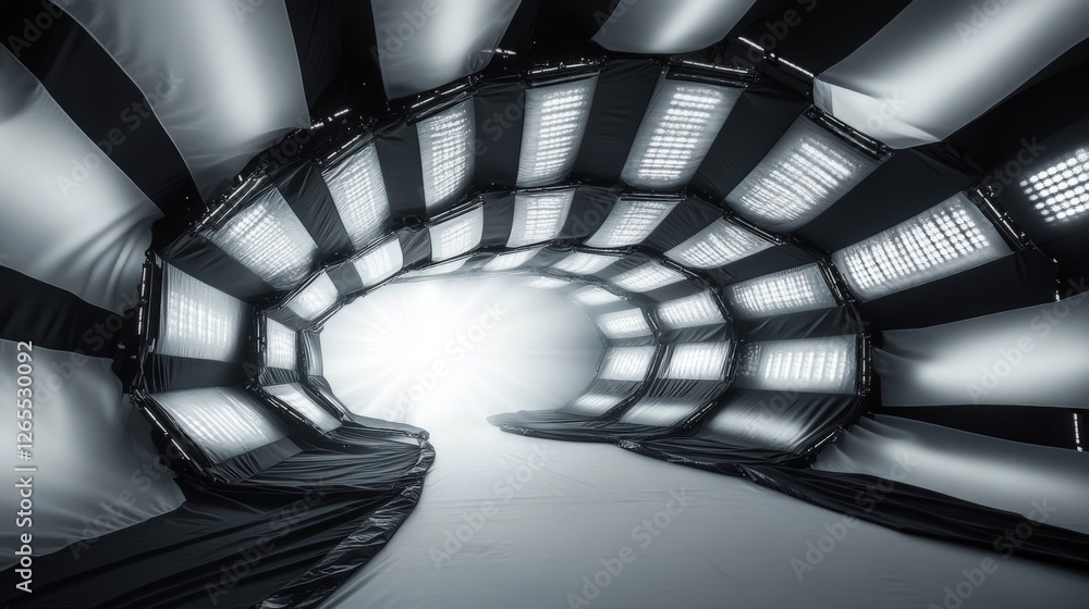 Poster bright light panels are illuminating an inflatable tunnel structure with a black and white striped p