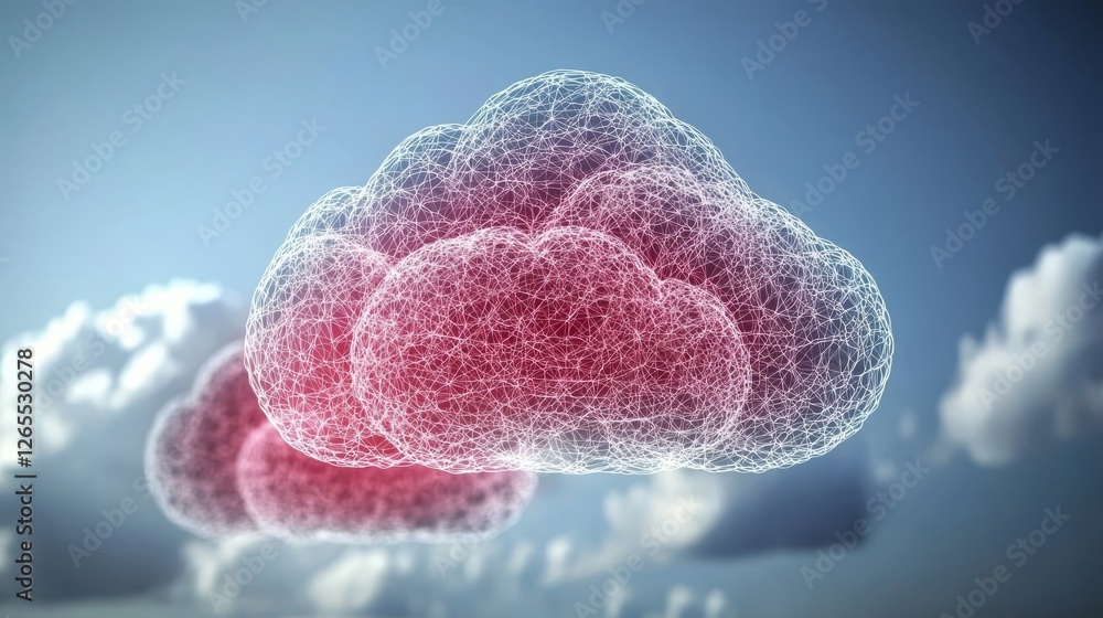 Poster Abstract code with connected polygons and multicolored dots on a dark blue background representing cloud and edge computing technology.