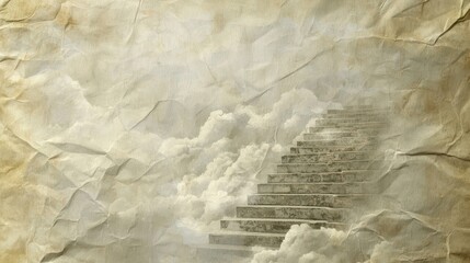 Obraz premium Aged and Wrinkled Paper Background Featuring an Ascending Staircase into Clouds, Evoking Themes of Journey and Transformation