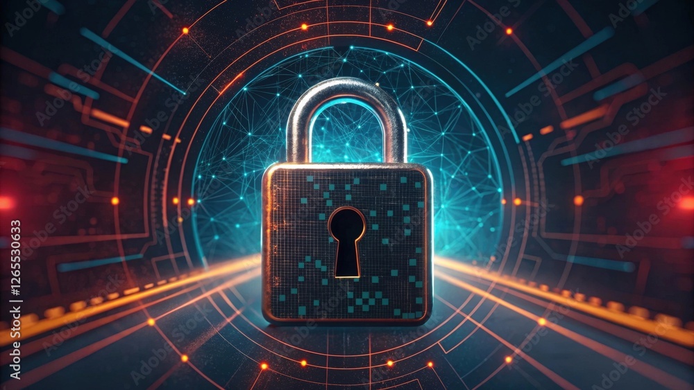 Poster a silver padlock in the center of a futuristic digital space, illuminated by neon blue and orange hu