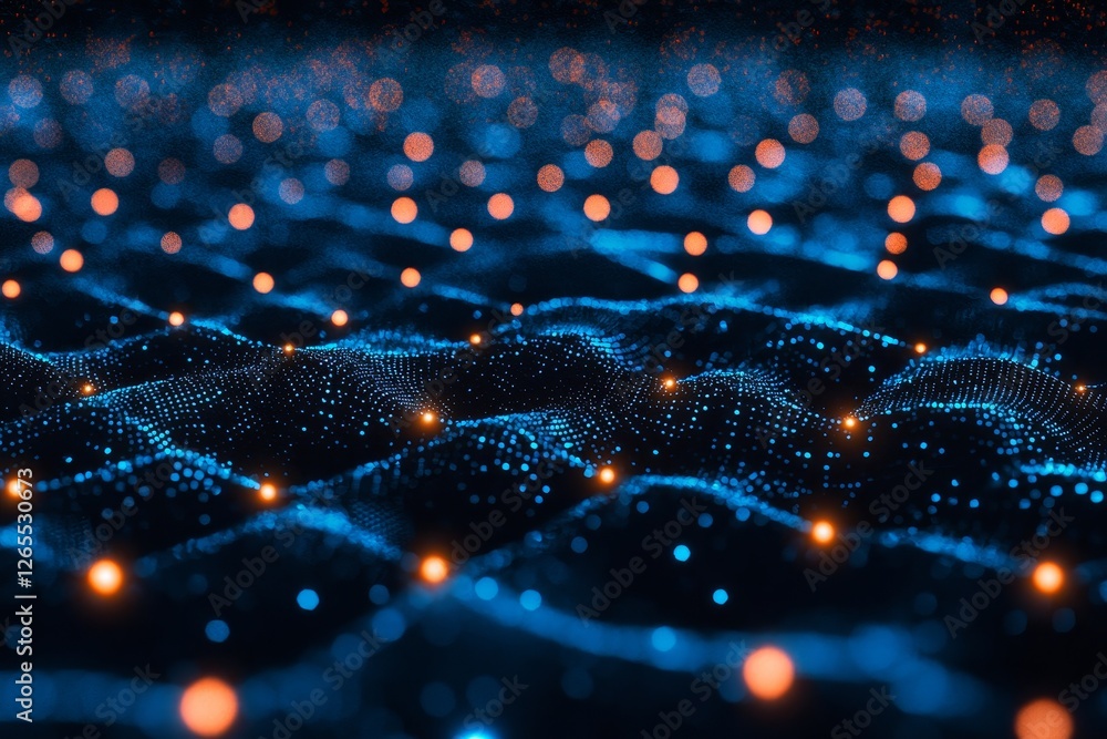 Poster An abstract blue background with connection and network concepts. 3D rendering, big data flow among blockchain fields with a blue network system. Stock.