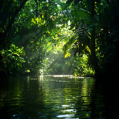 Obraz premium Sunbeams Filtering Through Lush Green Jungle River
