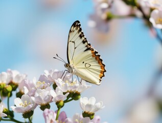 White Butterfly on White Sakura Flower.