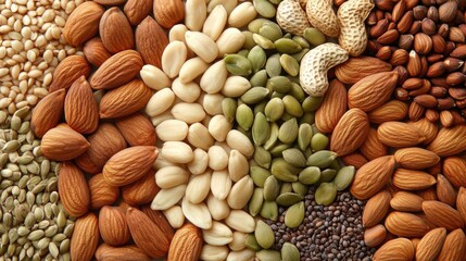 Naklejka premium A selection of nuts and seeds scattered on a neutral background, leaving a clean copy space in the middle.
