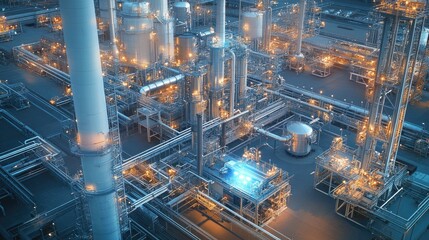 A self-sufficient industrial plant with connected IoT devices monitoring processes.