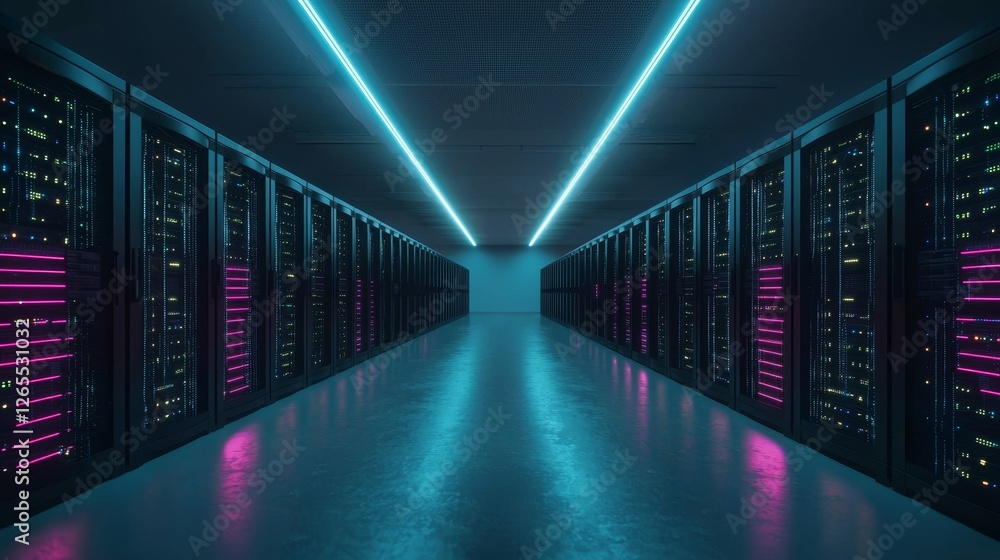 Aufkleber Server racks in modern data centers working in dark facilities. Concept of Internet of Things, Big Data Protection, Storage, Cryptocurrency Farm, Cloud Computing. 3D render of crypto mining.