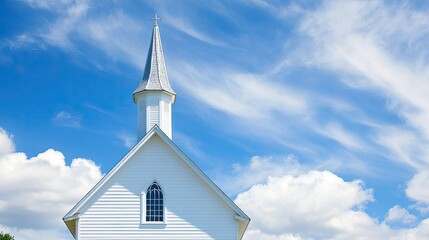 A simple, white country church standing against a blue sky with soft clouds.