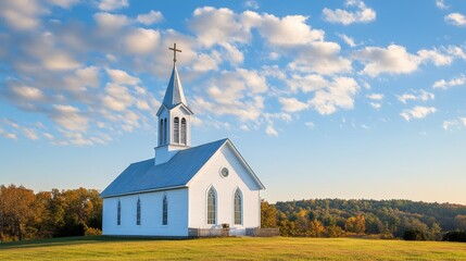 A simple, white country church standing against a blue sky with soft clouds.