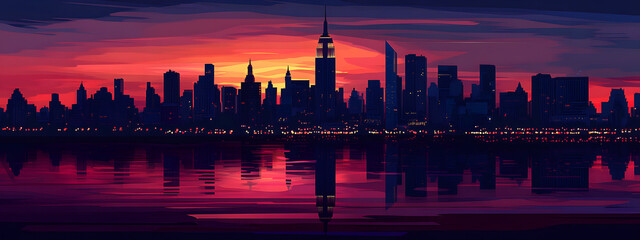 Obraz premium New York skyline at dusk, the city lights reflecting on the water with a colorful sky in the background 