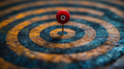 Red pin on bullseye target on rustic background, signifying hitting the target, achieving goals, and success in business. 