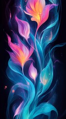 Fototapeta premium Abstract luminous flowers with twisting petals in shades of pink, purple, and blue, set against a dark background with soft glowing light, creating a mystical and magical atmosphere.