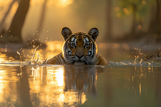 Majestic Tiger in Golden Sunset Water