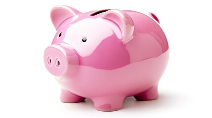 Pink piggy bank saving money, white background, finance concept