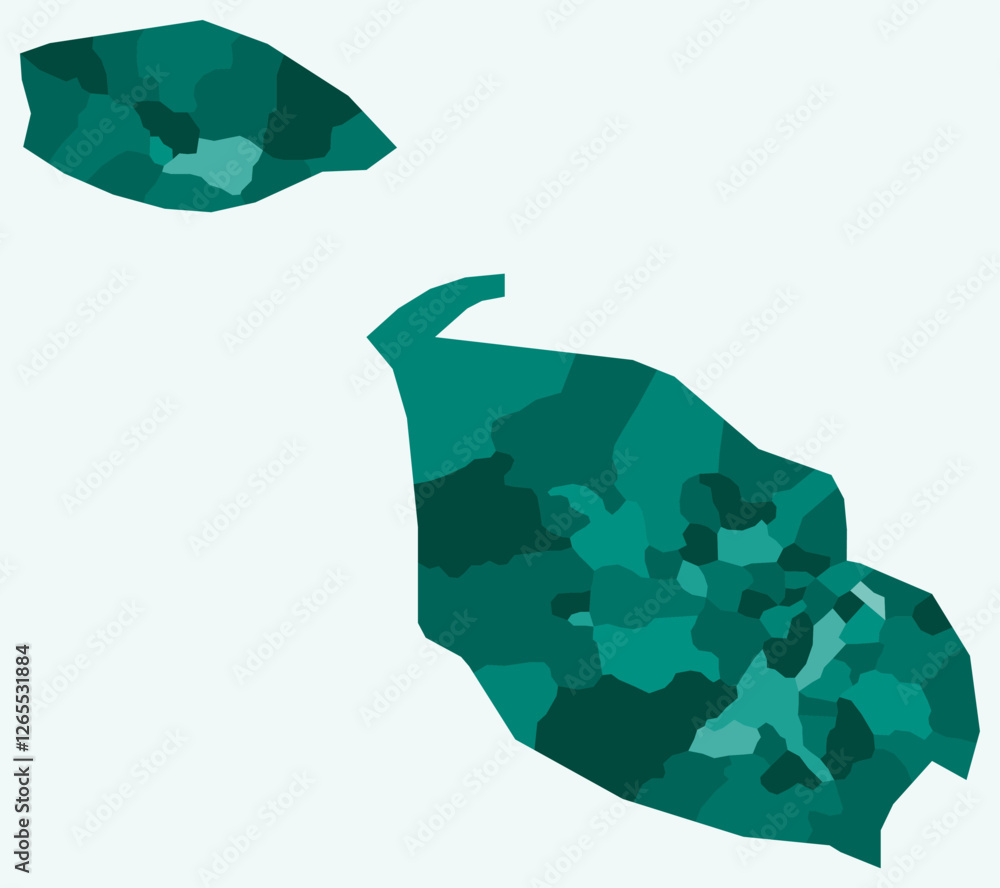Poster map of malta with regions. just a simple country border map with region division. teal color palette