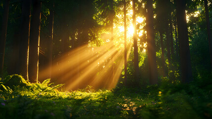 Obraz premium Sunbeams in a Lush Green Forest