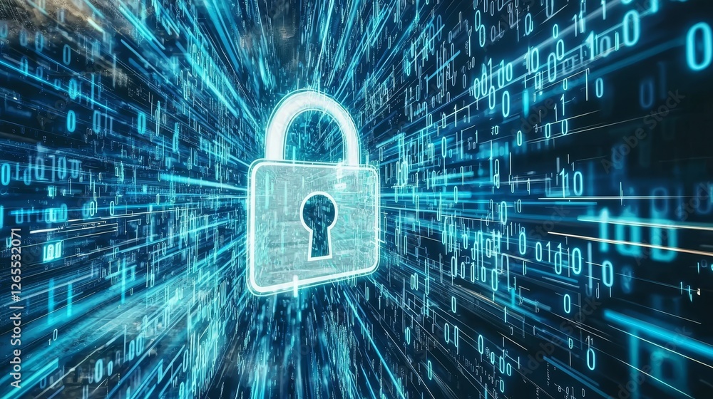 Aufkleber A digital padlock on a blue background with binary code illustrating abstract cyber security technology