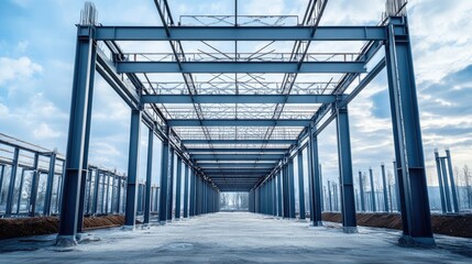 A steel framework under construction, showing an unfinished industrial structure.