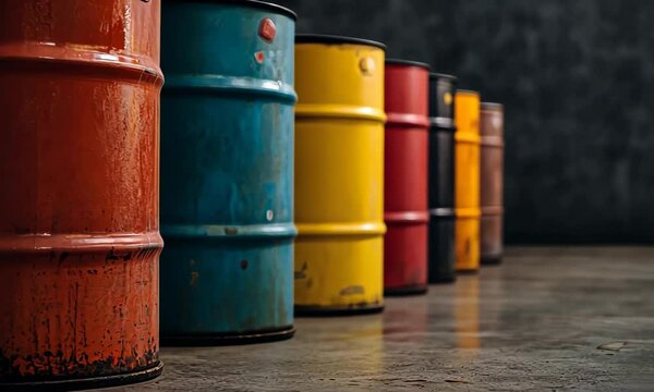 A vibrant row of colorful storage drums in a modern warehouse setting, showcasing organized industrial aesthetics and the beauty of color in everyday objects.